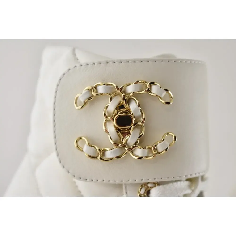 Chanel 24B White Quilt Gold CC Chain Combat Black Platform Ankle Short Boots 37c - Picture 8 of 16